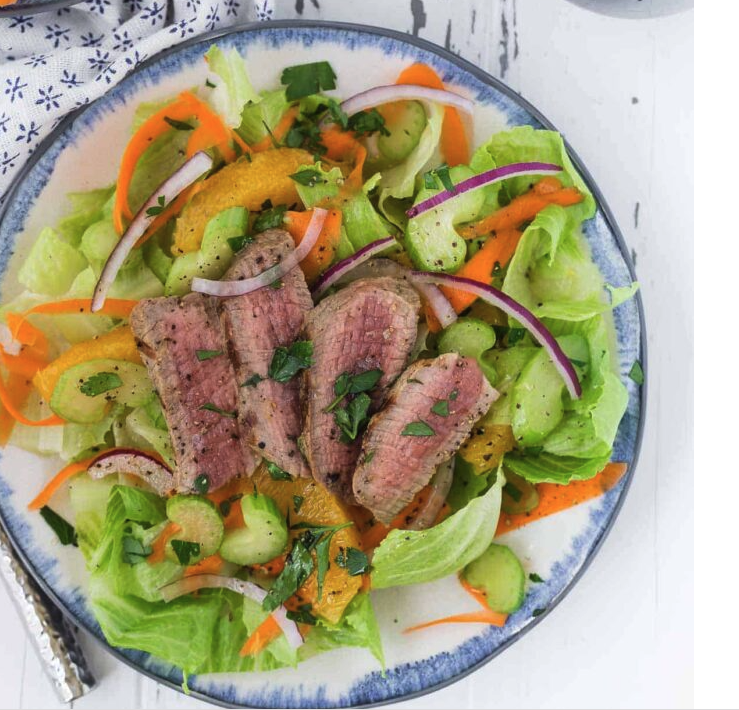 Sliced Rib Eye Steak Salad With Zesty Blood Orange Honey Ginger Dressing
