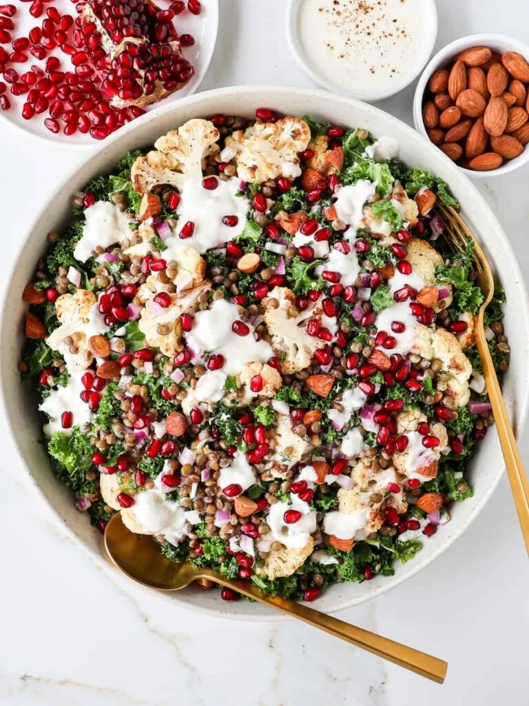 Roasted Cauliflower Kale Salad with Tahini Yogurt Dressing