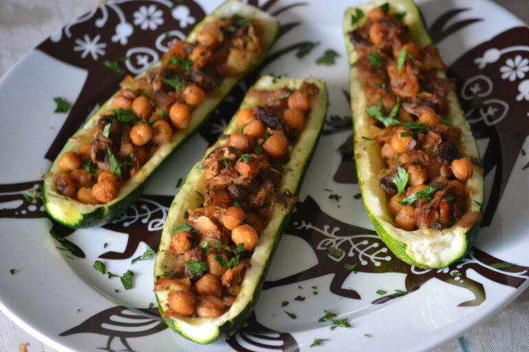 Gluten-Free Zucchini and Mushroom Stuffed Squash with Pecan and Chickpea Crumble